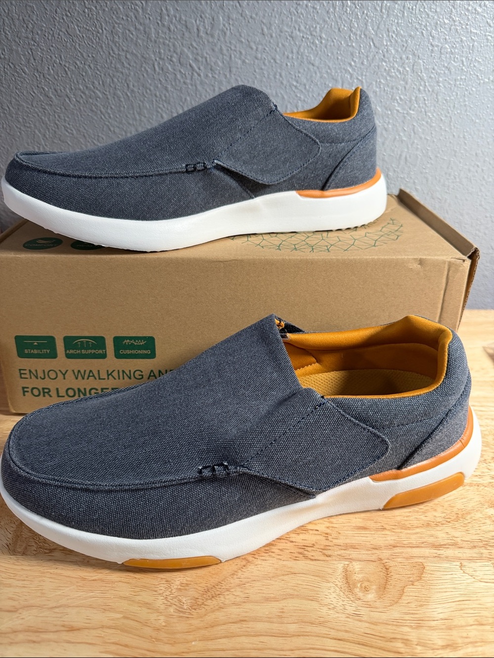 Men's Gray Slip-On Denim Loafers with Orange Lining, Velcro sides